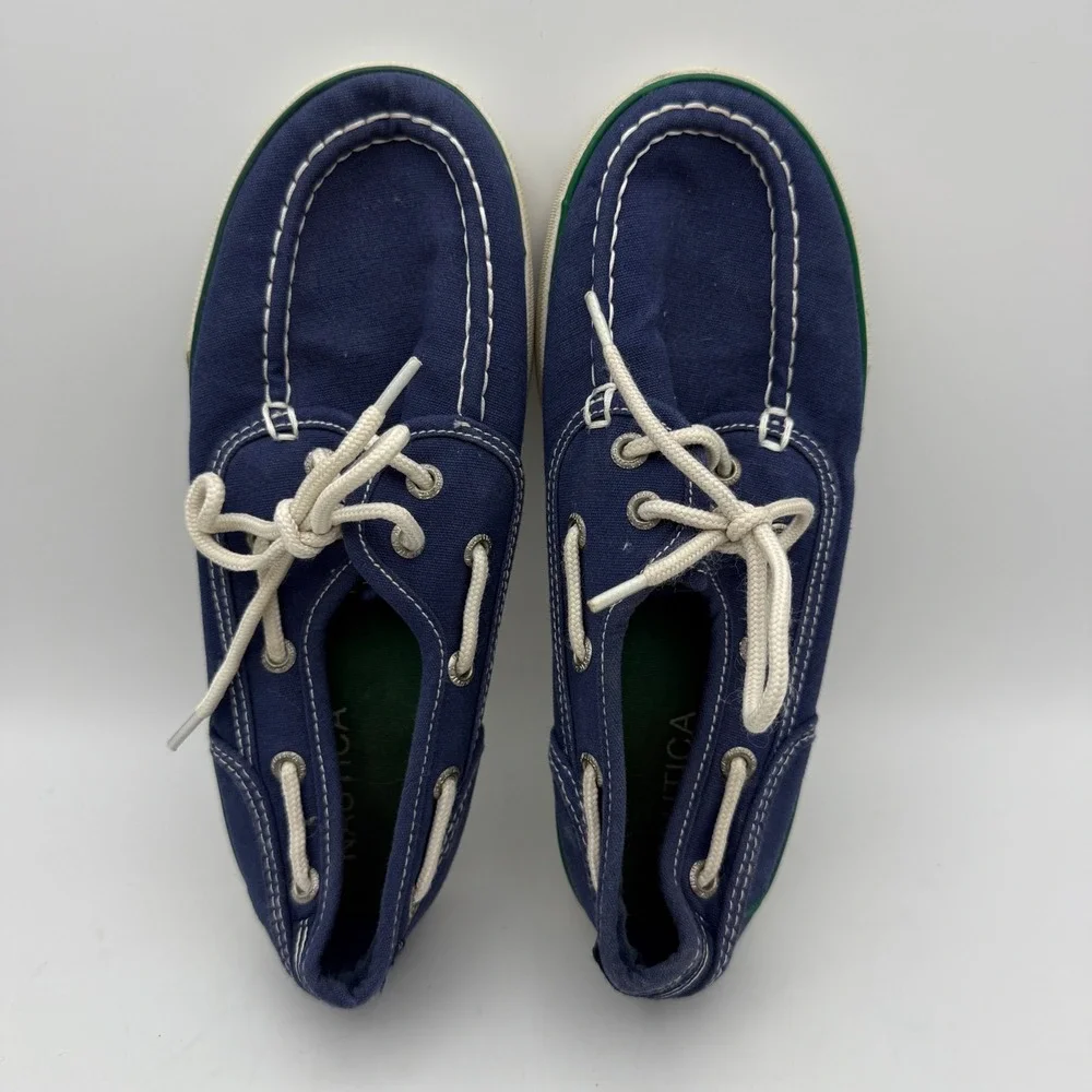Nautica Spinnaker Boat Shoes Kids Size 2 Navy Blue Canvas Loafers Moc Toe